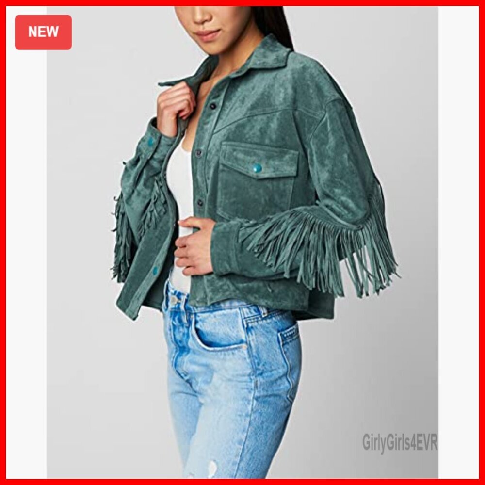 Faux Suede Fringe Jacket, Snap Cuffs, Lightweight, Semi-Fitted - Picture 4 of 7